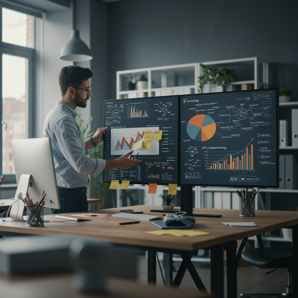 "Espacio de trabajo contemporáneo con un experto en negocios revisando gráficos de marketing, simbolizando la conexión entre la redacción persuasiva y el crecimiento empresarial."