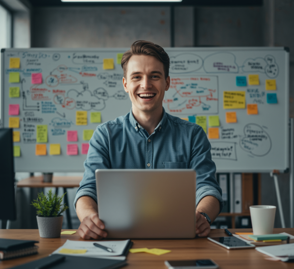 imagen2 "Estratega de negocios blanco en oficina moderna, transformando ideas en comunicación persuasiva con pizarras de brainstorming y dispositivos digitales para impulsar el crecimiento empresarial."