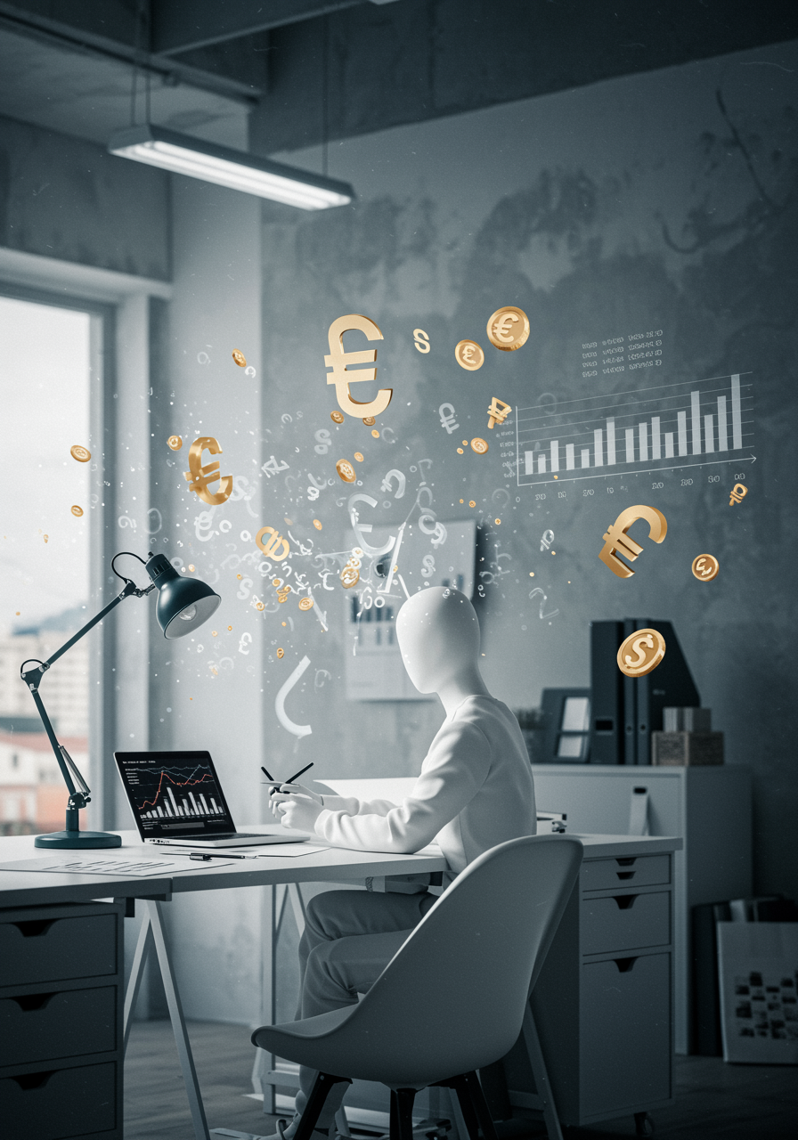 "Ilustración conceptual que representa la transformación de palabras en resultados de ventas en un moderno espacio de trabajo creativo, con letras flotantes, gráficos digitales y símbolos de divisas."