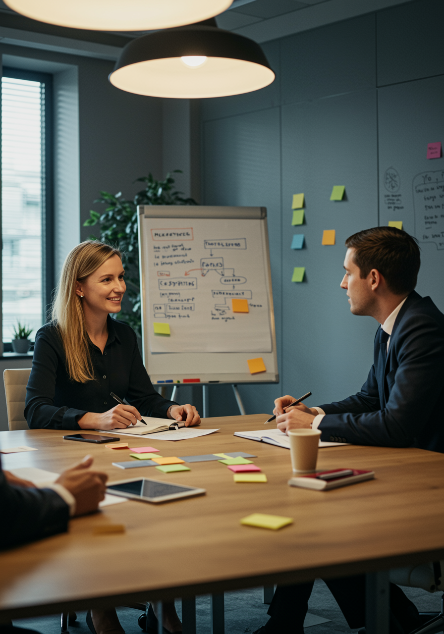 "Ilustración digital que representa un entorno empresarial colaborativo, donde un copywriter y un cliente intercambian ideas creativas, resaltando la importancia del copywriting persuasivo en estrategias de ventas."