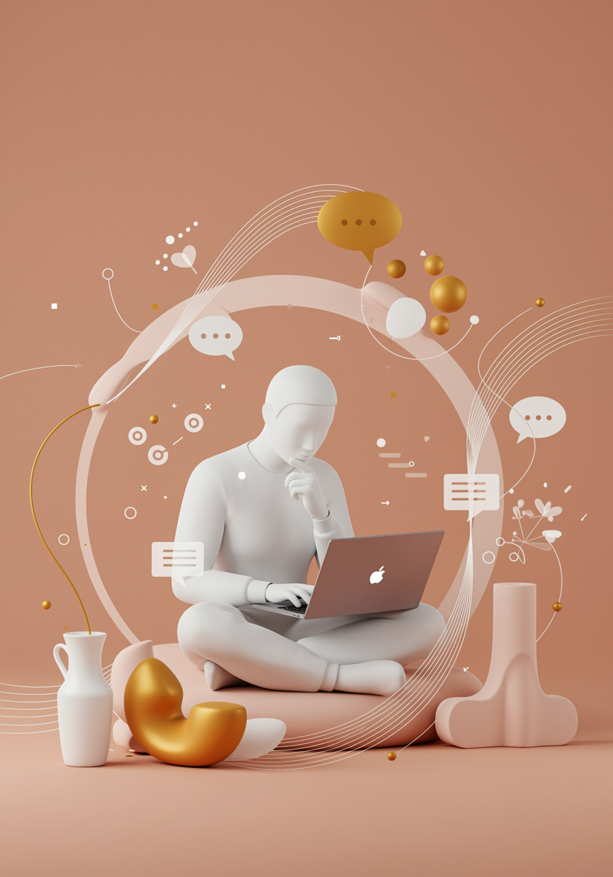 imagen3 3 "Arte digital que representa 'Textos que Conectan', mostrando a una persona blanca interactuando con contenido digital en un laptop, rodeada de gráficos abstractos que simbolizan la conexión de ideas."