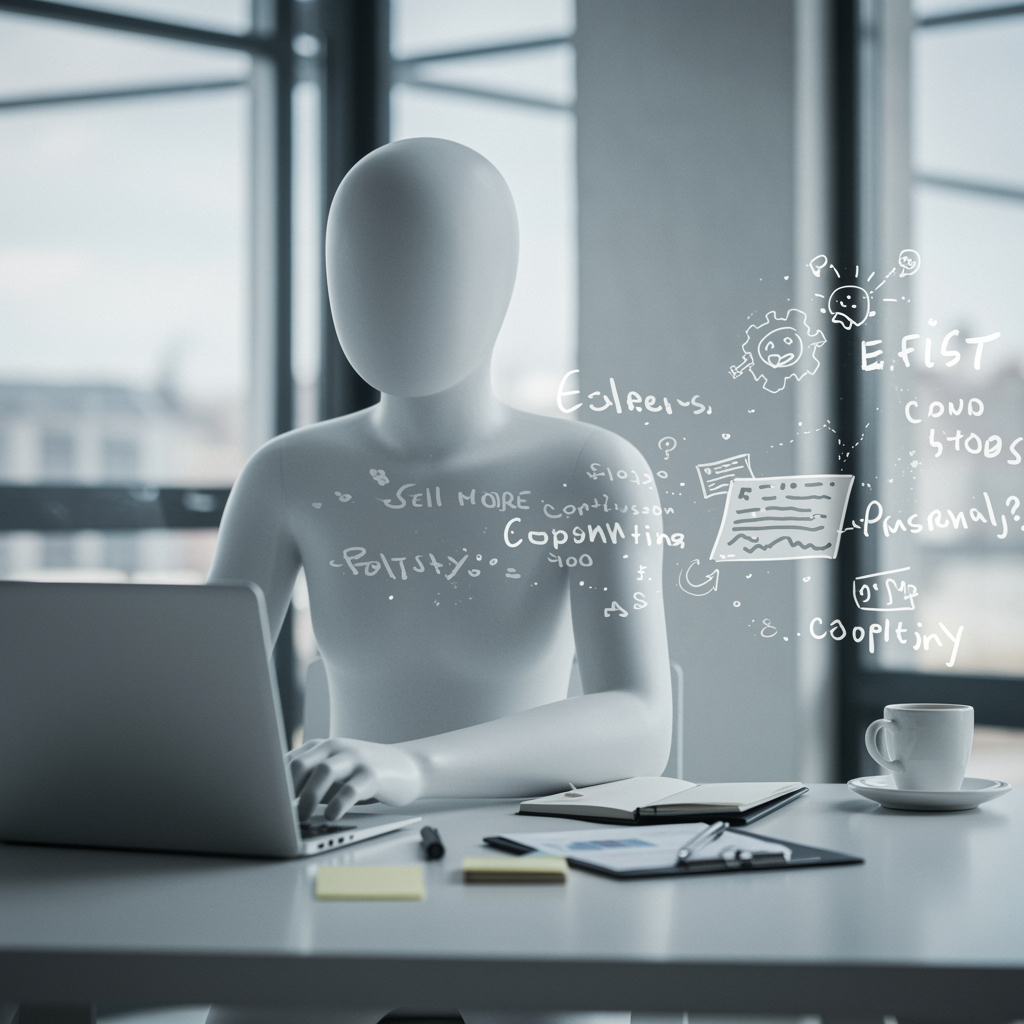 "Ilustración digital moderna que representa la persuasión efectiva en copywriting, con un especialista trabajando en una oficina minimalista y creativa."