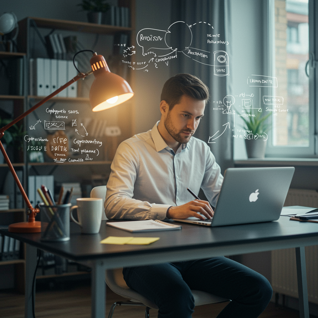 "Espacio de trabajo moderno y luminoso con un copywriter concentrado en su laptop, rodeado de elementos creativos que inspiran la escritura persuasiva."