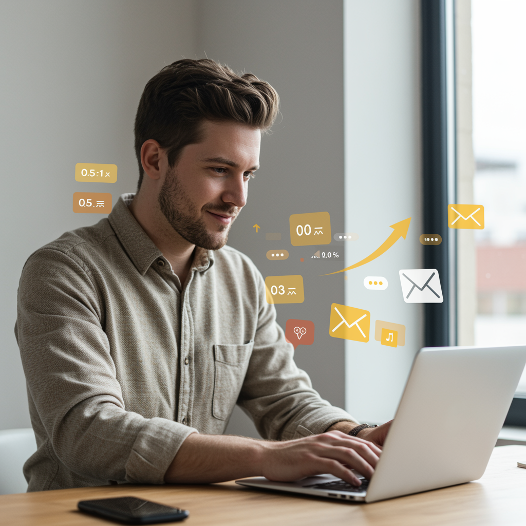 imagen5 3 "Ilustración digital que simboliza la redacción persuasiva de correos y ventas efectivas, mostrando a un profesional creativo en un entorno moderno con elementos visuales de crecimiento y conversión."