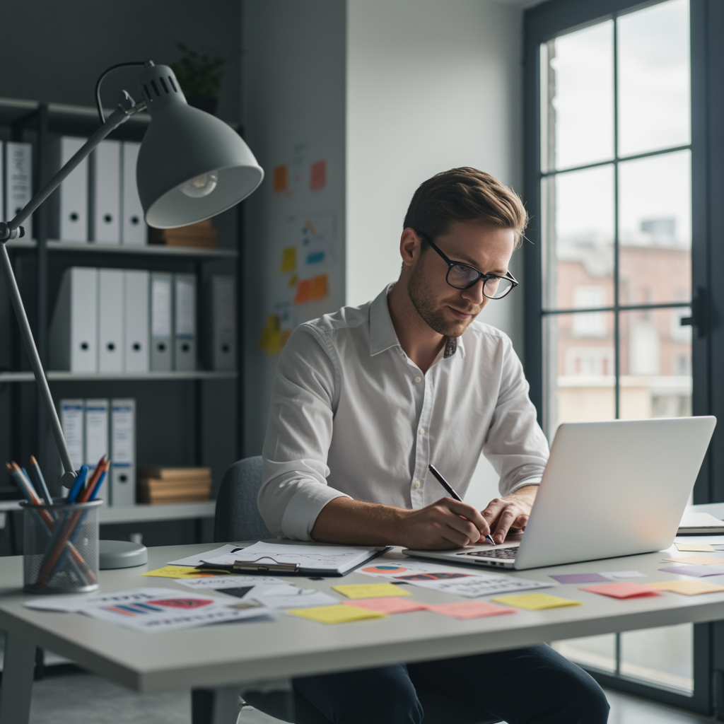 "Oficina moderna y luminosa con un profesional de negocios escribiendo en un laptop, rodeado de notas y bocetos creativos, simbolizando la innovación y el éxito en la comunicación estratégica."