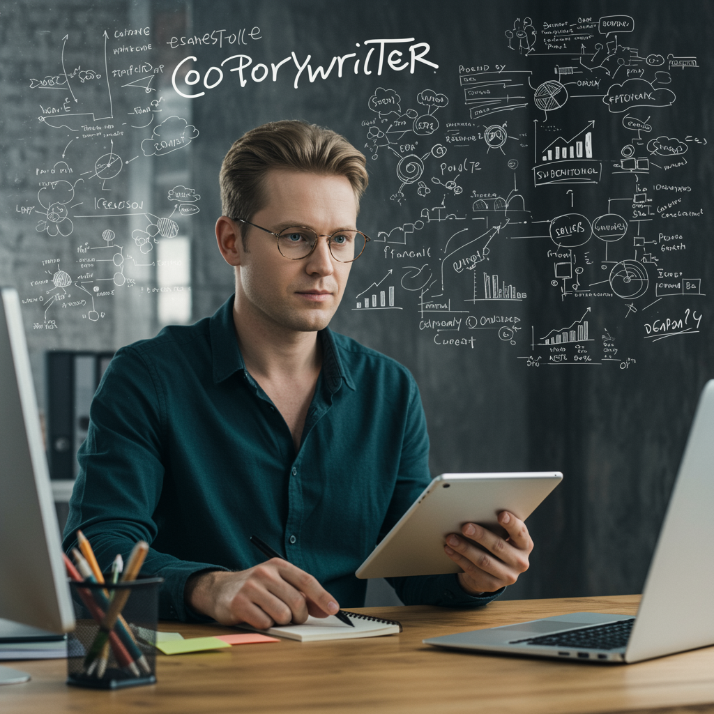 imagen5 Texto alternativo: "Copywriter blanco en un espacio de trabajo moderno, utilizando una tablet para generar ideas creativas que impulsan las ventas."