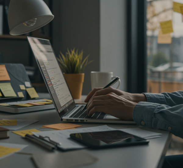 slider "Imagen de un profesional copywriter en un oficina moderna, creando contenido de email persuasivo en su laptop rodeado de elementos de marketing digital y notas creativas."